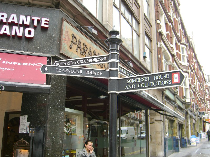 CIMG1737.jpg - Corner of Southhampton and The Strand-Sign Post to Somerset House, Trafalgar Square, Charing Cross, and Covent Garden.