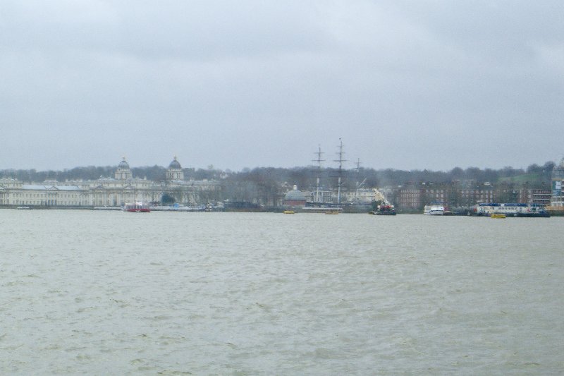 CIMG1943.jpg - Approaching Greenwich Pier - The Old Royal Naval College/University of Greenwich, Cutty Sark (right)