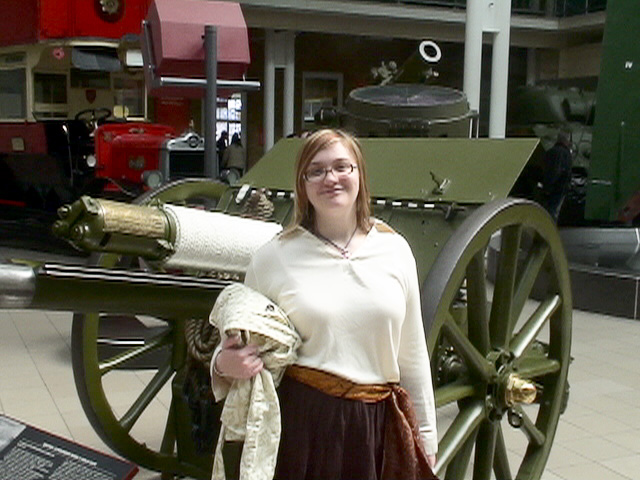 London040106-00283.jpg - Liz in front of Ordnance QF 18-pounder field gun
