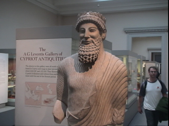 London040106-00328.jpg - Gallery of Cypriot Antiquities -- Upper part of a colossal limestone statue of a bearded man. From Sanctuary of Apollo at Idalion (modern Dhali), Cyprus.  About 500-480 BC. Evidently a priest
