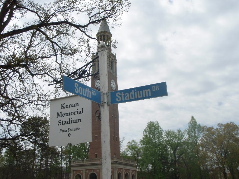 P4020073.JPG - South and Stadium Dr, Kenan Memorial Stadium, Bell Tower (background)