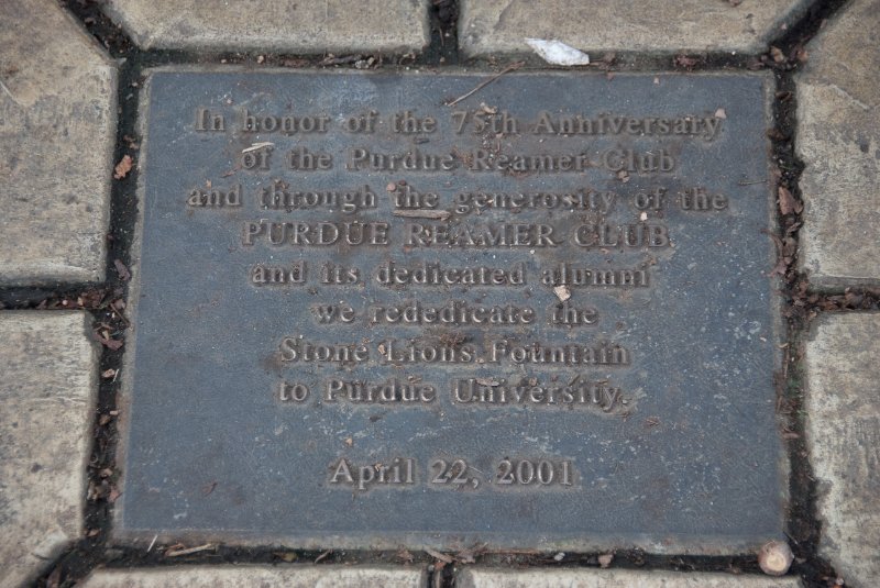 Purdue092609-9536.jpg - Stone Lions’ Fountain.  In honor of the 75th Anniversary of the Purdue Reamer Club and through the genersity of the Purdue Reamer Club and its dedicated alumni, we rededicate the Stone Lionss Fountain to Purdue University.  April 22, 2001