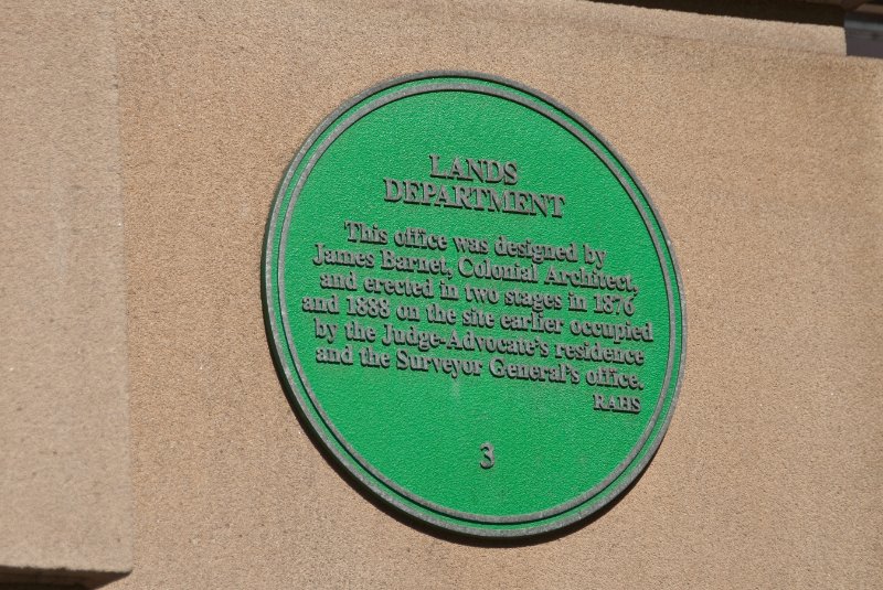 Sydney090209-9180.jpg - Lands Department.  This office was designed by James Barnet, Colonial Architect, and erected in two stages in 1897 and 1888 on the site earlier occupied by the Judge-Advocat's resience and the Surveyor General's office.  RABS.
