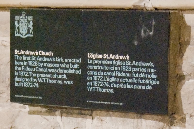 DSC_0132nn.jpg - St. Andrews Church. The first St. Andres's kirk, erected here in 1828 by masons who biult the Rideau Canal, was demolished in 1872. The present church designed by W. T. Thomas, was buit 1872-74