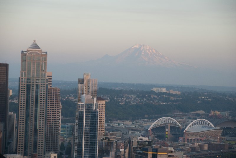 Seattle080309-8411.jpg - Downtown Seattle Skyline, Mt. Rainier, Qwest Field, SafeCo Field as viewed from the SE side of the Space Needle SkyCity Restaurant
