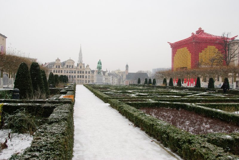 Brussels021410-0994.jpg - View of Mont des Arts. Europalia.China Tea House, temporary facade adorning the Dynasty building(right).  Monument to King Albert I (center). Hotel de Ville, Spire (background)