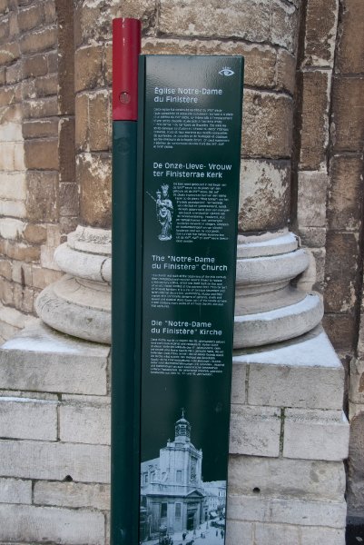 Brussels021510-1150.jpg - The "Notre-Dame du Finistère" Church.This church was built at the beginning of the XVIII century (then completed and restored several times) to replace a XVII century edifice, which was itself built on the spot of an old chapel located at the extremem limit ("finis terrae") of Brussels territory.It is a mix of baroque (abundant and lavish internal decoration, wainscoting, stucco and false marble with composite patterns of garlands, shells and leaves) and classical styles (lower part of the facade-screen).It alsocontains many works of art from the XVI, XVII and XVIII centuries.