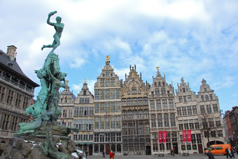 Antwerp021610-2.jpg - Statue of Silvius Brabo by Jef Lambeaux, 1887, located in the center of the Grote Markt. Guildhouses (background)