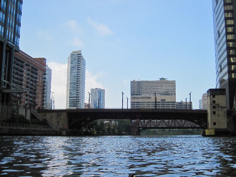 IMG_1831.jpg - Looking North at the Randolf St Bridge.  Boeing Headquarters (left), Chicago Sun-Times (center), 150 North Wacker (north of bridge, right, stripes)