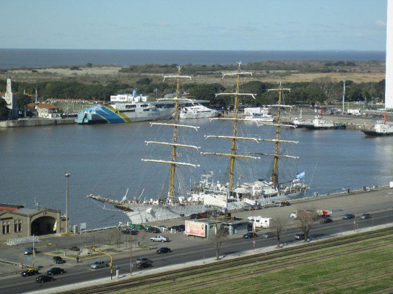 BuenosAires080210-1499.jpg - The training ship Fragata "LIBERTAD" buque escuela in the Buenos Aires port, Darsen Norte. View from my room, Sheraton Rm 1608