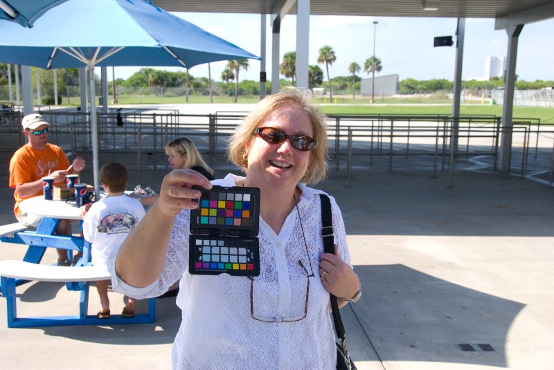 KSC110110-6463.jpg - Cathie Posing on the grounds of the LC-39 Observation Gantry