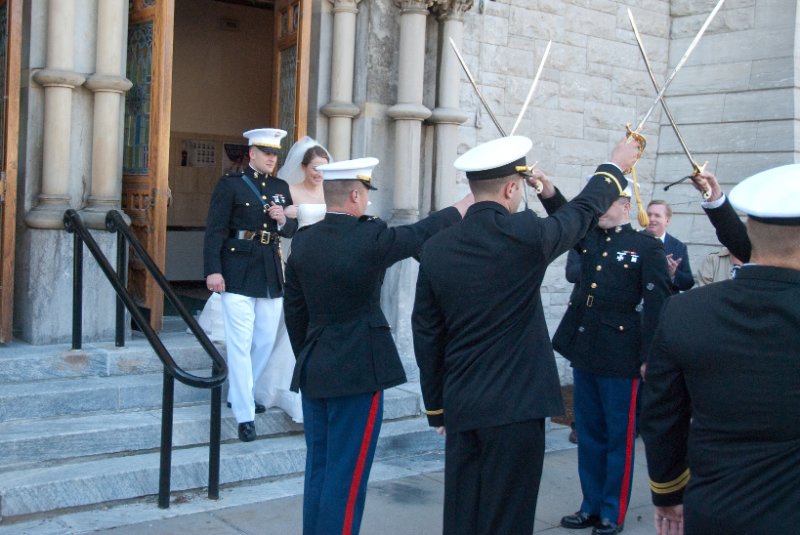 Syracuse041010-2206.jpg - Maureen and Tyson walking the traditional Sword Arch after their Wedding ceremony.  In front of the Cathedral of the Immaculate Conception.