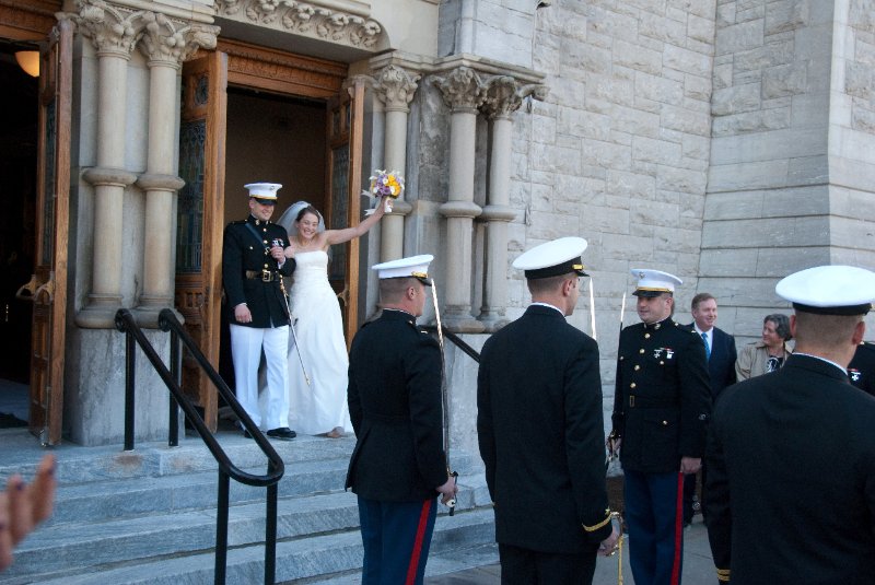Syracuse041010-2203.jpg - Maureen and Tyson walking the traditional Sword Arch after their Wedding ceremony.  In front of the Cathedral of the Immaculate Conception.