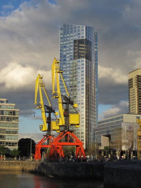 BuenosAires080210-1570.jpg - Cranes on the Bulevar Macacha Güemes bridge. The Torre Repsol YPF building, background.