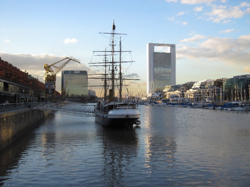 BuenosAires080210-1573.jpg - Corbeta Uruguay on Puerto Madero. Torre Telecom (far left), Madero Office (far right)