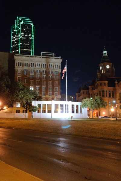 Dallas110910-6725.jpg - Looking East at Dealey Plaza. Bank of America Plaza (green neon, background left), Old Red Museum  (right)