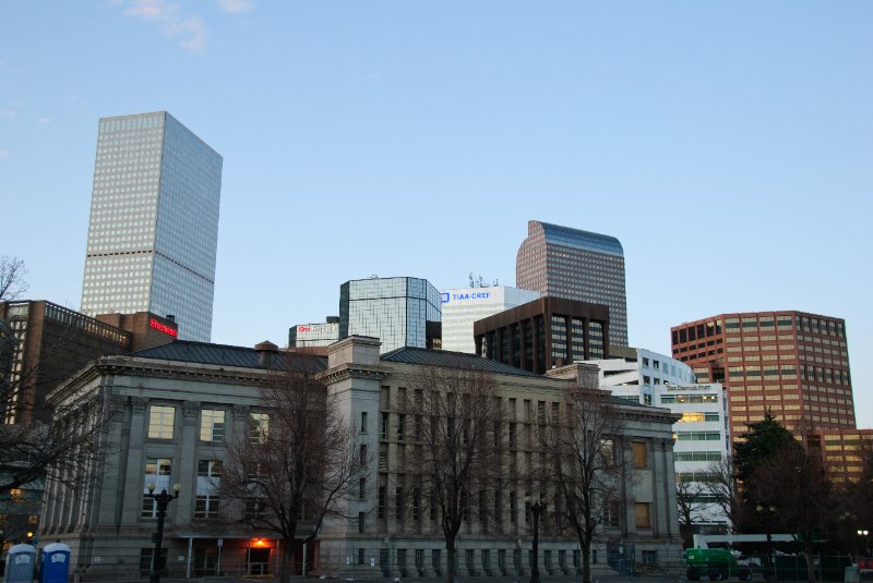 Denver041410-2269.jpg - Denver Cityscape: McNichols Civic Center Building, Republic Plaza (left), 1670 Broadway (TIAA-CREF), Independence Plaza (brownish), Wells Fargo Center (cash register)