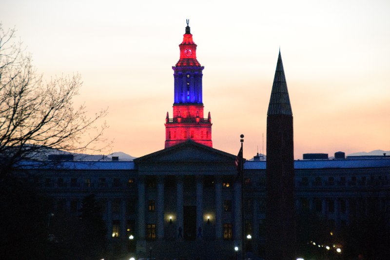Denver041410-2321.jpg - City & County of Denver Building, Veterans Monument (obelisk on right)