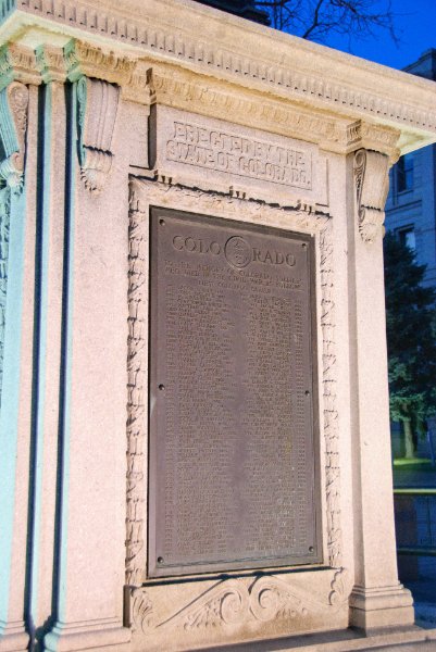 Denver041410-2324.jpg - Civil War Monument, plaque on the stone base. Memorial to the First Colorado Cavalry