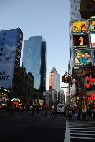 DSC_5840.jpg - 8th Ave, looking North.  InterContinental New York Times Square (glass tower, vertical slots), One Worldwide Plaza (pyramid top)