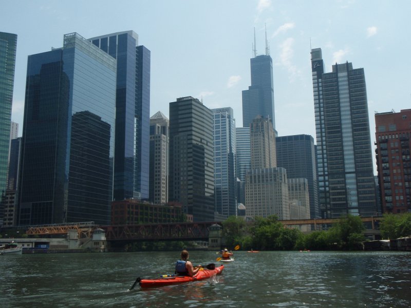 ChicagoRiverKayak071711-7170013.jpg - Looking South at Lake Street Bridge: 191 North Wacker Drive, 155 North Wacker, former Morton Salt HQ (red), Civic Opera House, UBS Tower,Willis Tower, Boeing HQ building