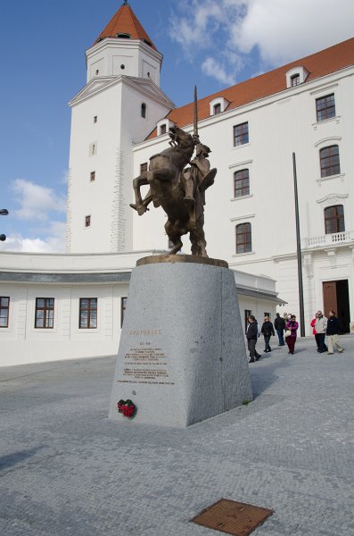Bratislava101411-6546.jpg - Great Moravian king Svätopluk equestrian statue in front of Bratislava castle