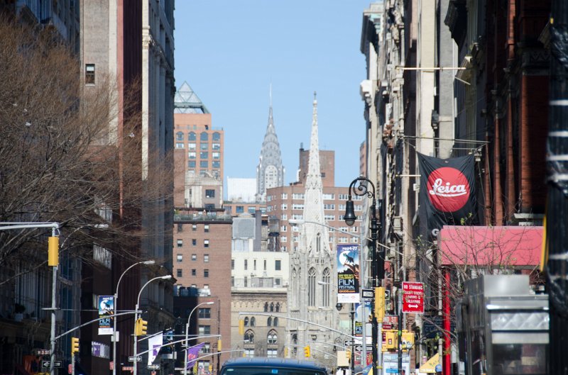 Manhattan032611-1991.jpg - NoHo: Broadway looking North at Chrysler Building and Grace Church.  Near Bleecker.
