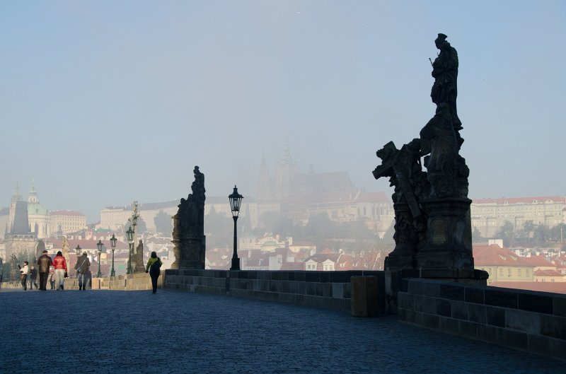 Prague101511-7192.jpg - Prague Castle just barely visible through morning fog on the Karlův most / Charles Bridge