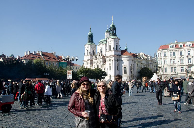 Prague101511-6733.jpg - Liz, Cathie, Old Town Square  /  Staroměstské náměstí. Kostel sv. Mikuláse / St. Nicholas Church (background)