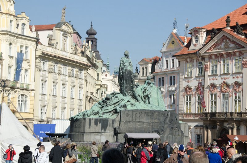 Prague101511-6715.jpg - Jan Hus Memorial, Old Town Square.  Kinský Palace (background right)