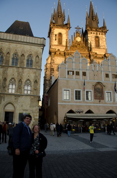 Prague101511-7160.jpg - Jack, Cathie. Týnský Chrám / Church of Our Lady before Týn, Dům U Kamenného zvonu / The Stone Bell House (left). Old Town Square