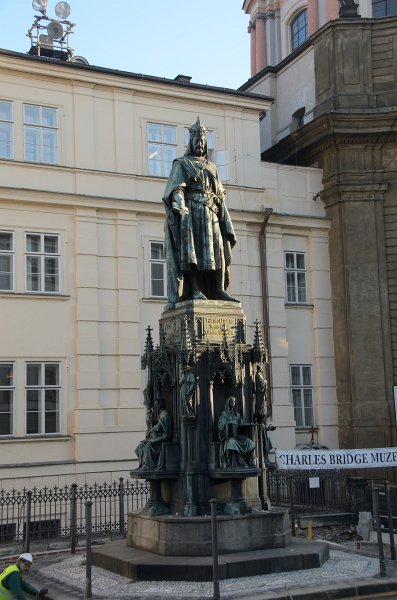 Prague101511-7215.jpg - Statue of Charles IV., the Holy Roman Emperor and King of Bohemia, designed  by Arnost J. Hähnel, in 1848, on the Old Town side of the Charles Bridge