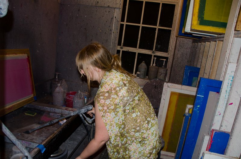 Providence060211-3310.jpg - Liz cleaning off a silk screen, Benson Hall