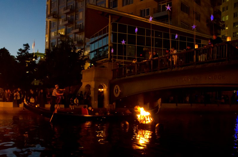 Providence060211-3484.jpg - Gondola heading underneath Waterplace Bridge, viewed during Waterfire