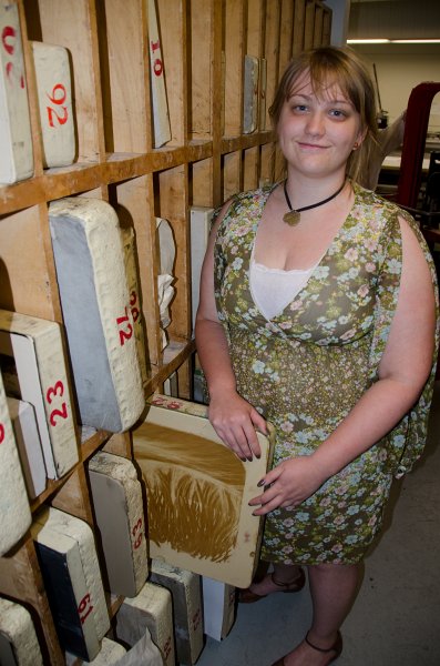 Providence060211-3303.jpg - Liz showing one of her lithography stones, Benson Hall