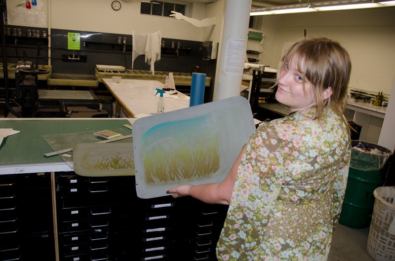 Providence060211-3305.jpg - Liz holding a lithography plate, Benson Hall