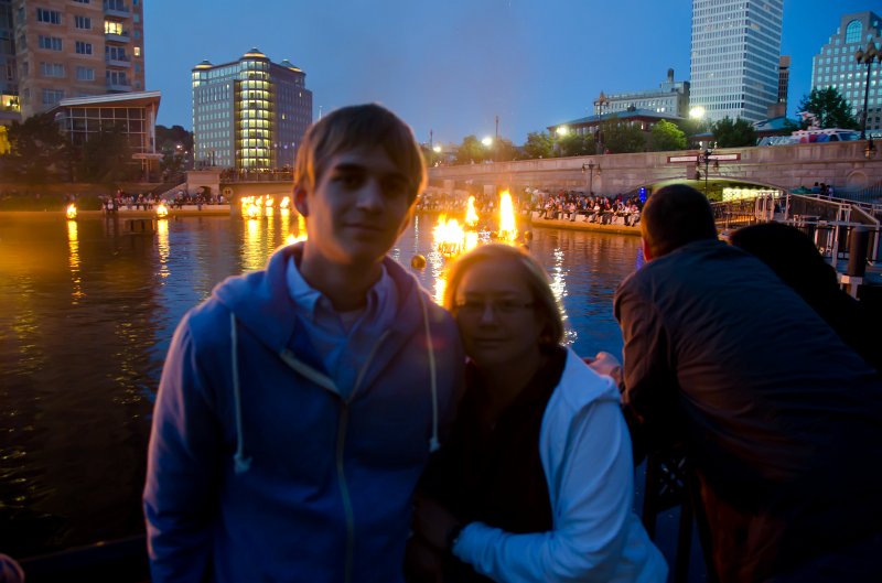 Providence060211-3469.jpg - Mom and Mike, Waterfire, looking North East toward the Waterplace bridge