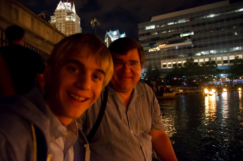 Providence060211-3528.jpg - Dad and Mike, Waterfire. GTECH Center building, background