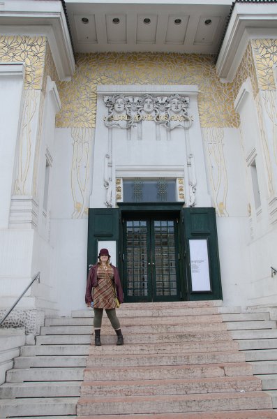 Vienna101311-6432.jpg - liz at entrance to Secession Art Museum, Gorgons’ Heads