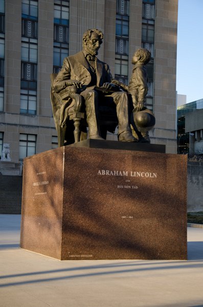 KansasCity022111-0818.jpg - "Abraham Lincoln and his son Tad" statue by Lorenzo Ghiglieri, dedicated 1986 in front of City Hall