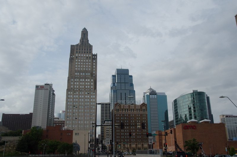 KansasCity062011-3989.jpg - Downtown Kansas Cityscape: Crowne Plaza, KC Power & Light, Hilton President, One Kansas City Place, Town Pavillion, H&R Block World Headquarters, 1201 Walnut. View looking North on Baltimore Ave