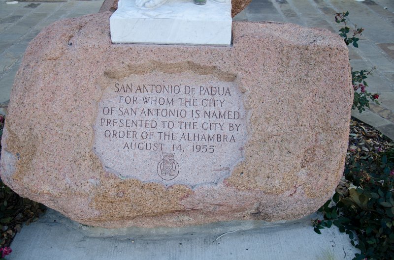 SanAntonio020711-0654.jpg - San Fernando Cathedral statue:  "San Antonio de Padua for whom the city of San Antonio is named.   Presented to the city by Order of the Alhambra, August 14, 1955."