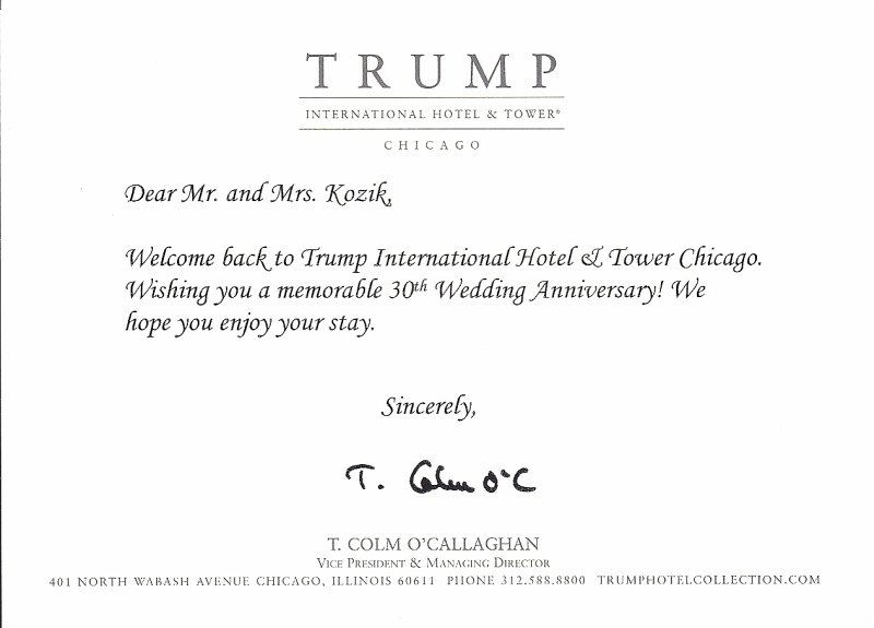 30thWeddingAnnyJune12--1.jpg - Trump Hotel Note in our room, Anniversary Weekend, 2012