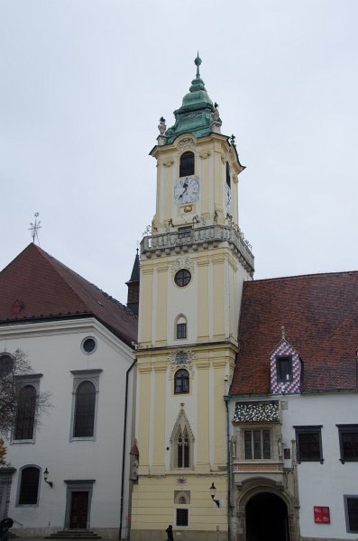 Bratislava012212-8290.jpg - Old Town Hall / Stará radnica, Jesuit Church / Jezuitský kostol (left edge)  in Main Square / Hlavné námestie