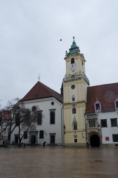 Bratislava012212-8291.jpg - Old Town Hall / Stará radnica, Jesuit Church / Jezuitský kostol (left edge)  in Main Square / Hlavné námestie
