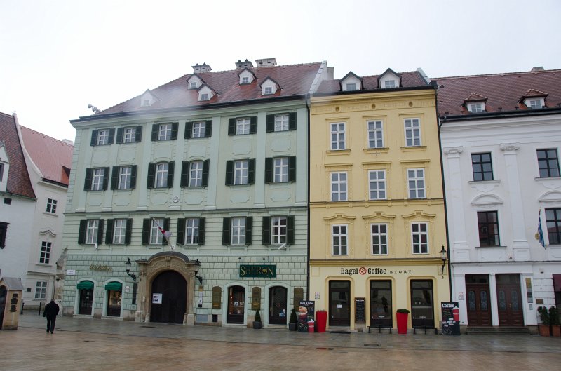 Bratislava012212-8292.jpg - Jeszenák Palace (white), Japan Embassy (green). Main Square / Hlavné námestie