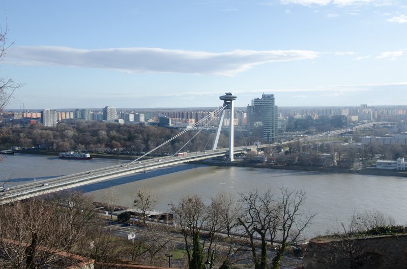 Bratislava012212-8352.jpg - Nový Most / New Bridge, Danube River, view from Bratislava Castle / Bratislavský hrad