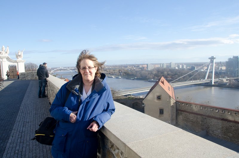 Bratislava012212-8360.jpg - Molly with Nový Most / New Bridge, Danube River, view from Bratislava Castle / Bratislavský hrad