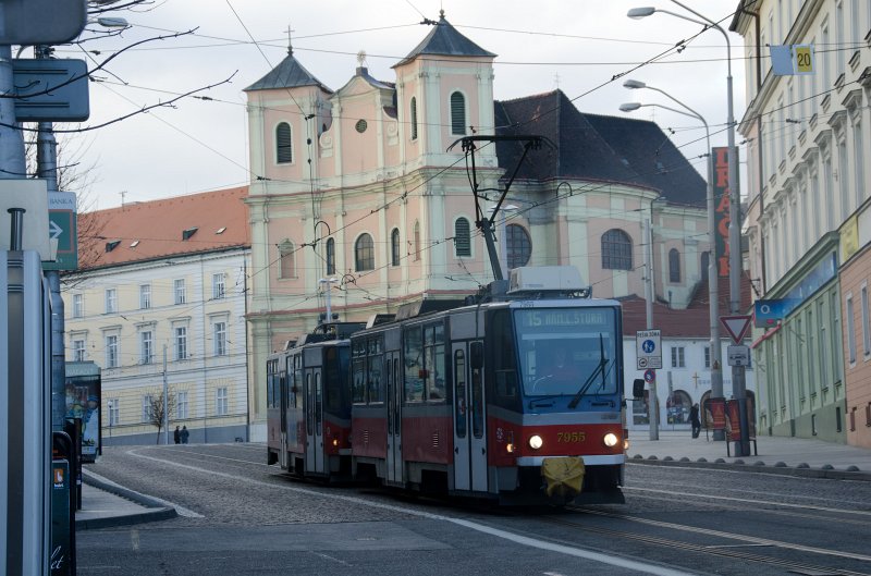 Bratislava012212-8388.jpg - Trolley in front of Trinity Church / Kostol trinitárov