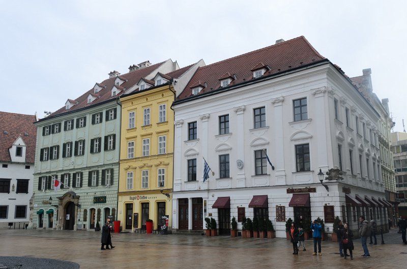 Bratislava012212-8310.jpg - Jeszenák Palace (white), Japan Embassy (green). Main Square / Hlavné námestie